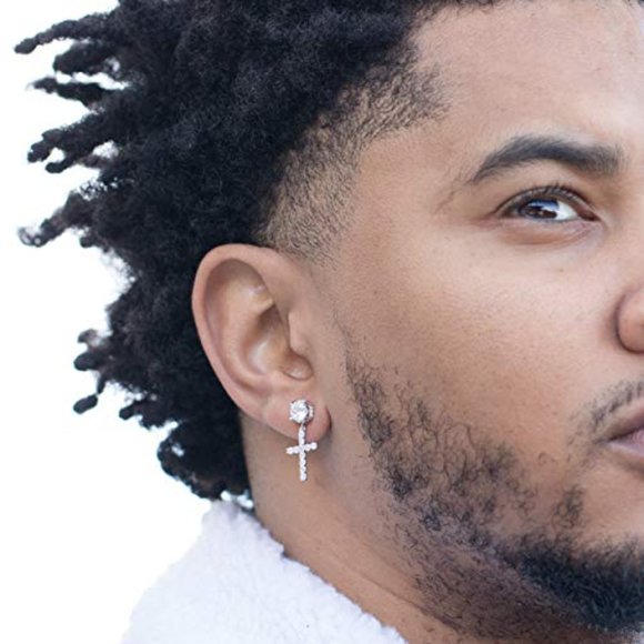 Mens Cross Drop Hanging Sterling Silver Cz Iced Stud Dangle Hoop Earrings - Picture 2 of 7